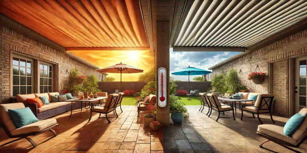 A split-screen image comparing a sun-drenched Houston patio to the same patio with retractable shades deployed, showcasing the dramatic difference in comfort and usability.