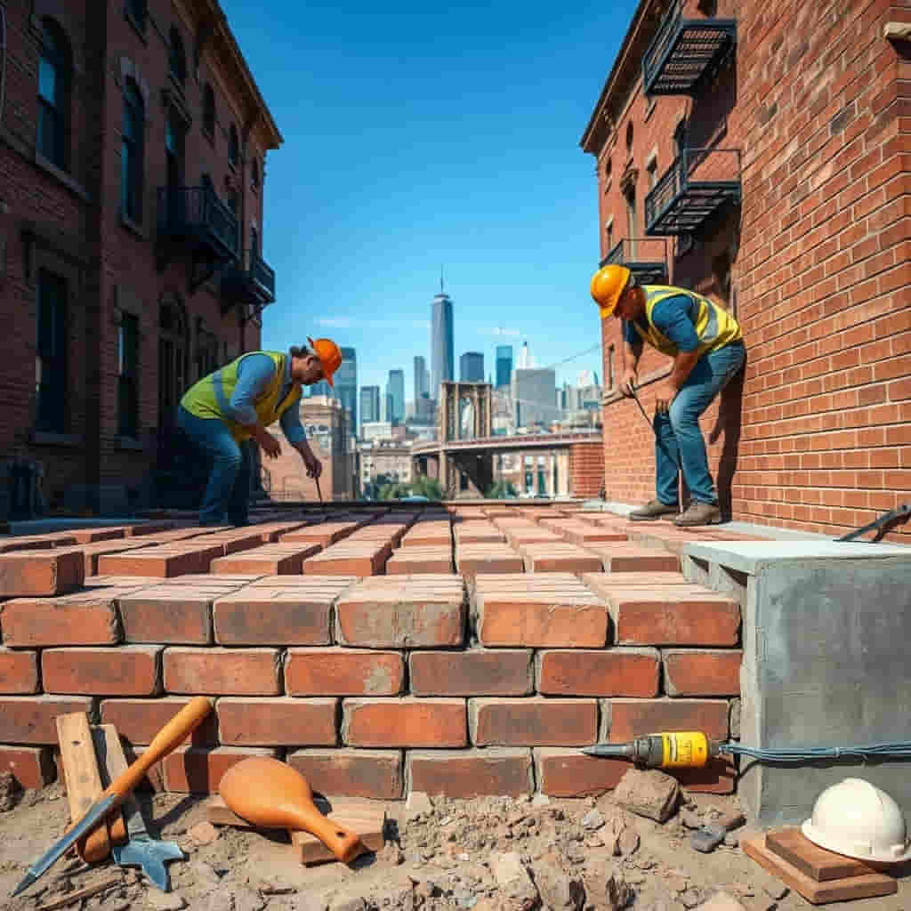 A masonry foundation under construction, showing bricklayers reinforcing the structure with concrete blocks and rebar in a Brooklyn neighborhood.